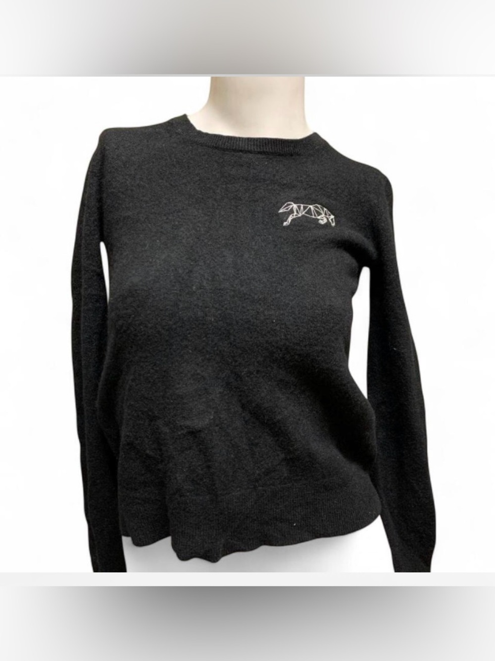 Everlane 100% Cashmere Black Crewneck Sweater with Embroidered Animal